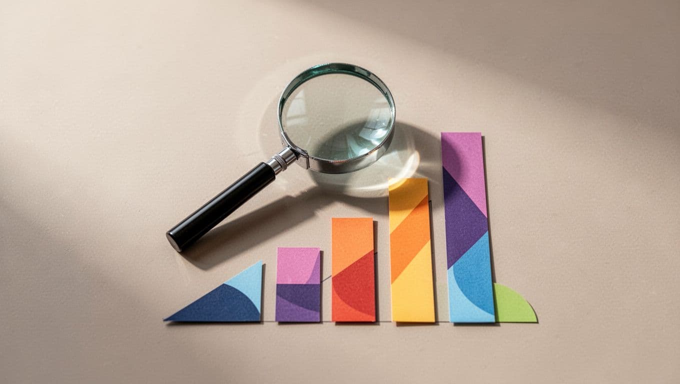 A magnifying glass hovers over a series of colorful abstract data bars representing segmented information.
