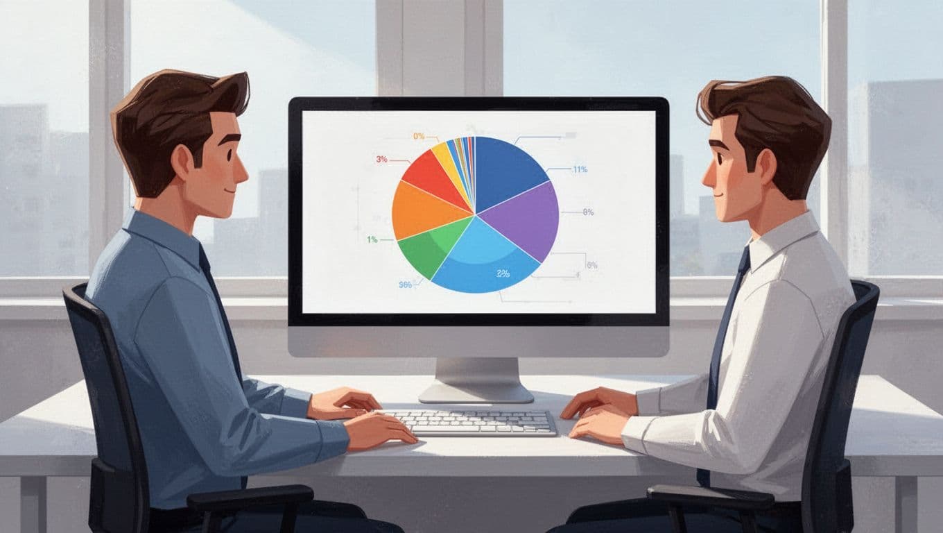 Data analyst examines colorful pie chart of cancellation reasons on desktop monitor in simple office.