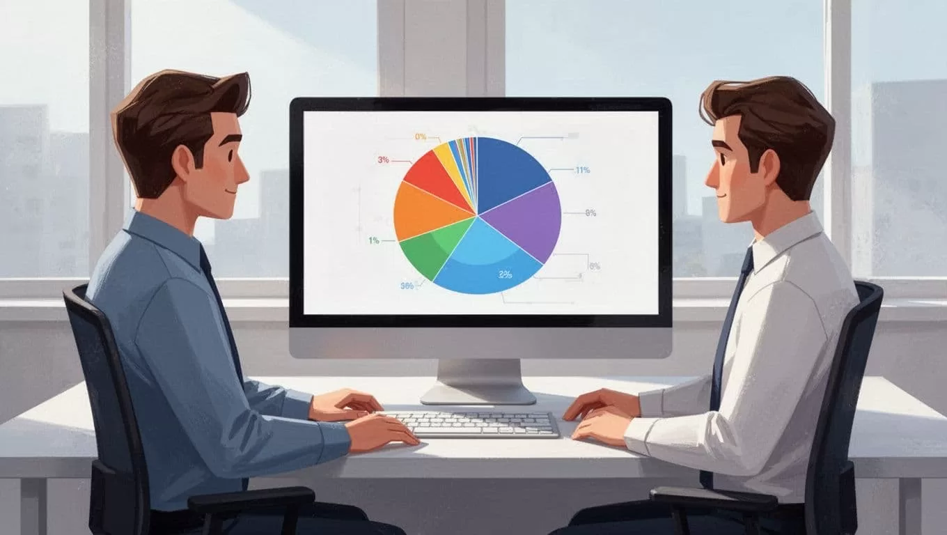 Data analyst examines colorful pie chart of cancellation reasons on desktop monitor in simple office.