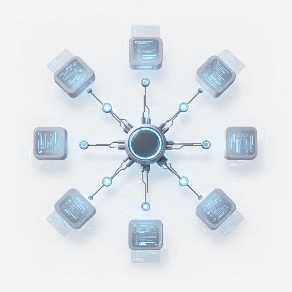 A central dashboard icon connects to multiple glowing data nodes through clean, minimalist lines.