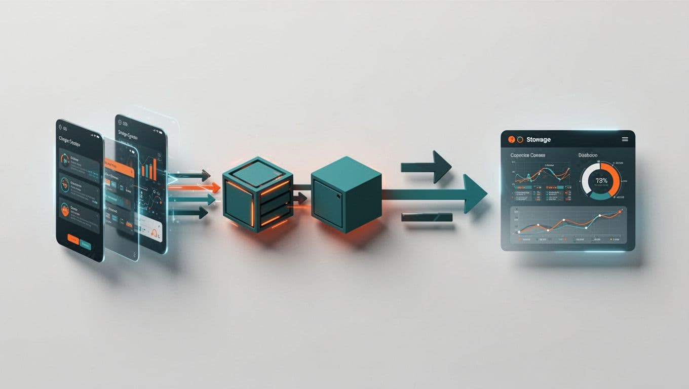 Flowchart with arrows linking form inputs to database icons and CRM dashboard.
