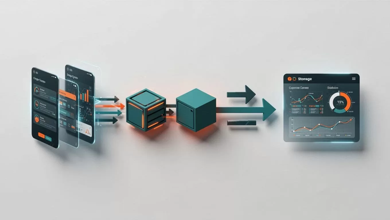 Flowchart with arrows linking form inputs to database icons and CRM dashboard.