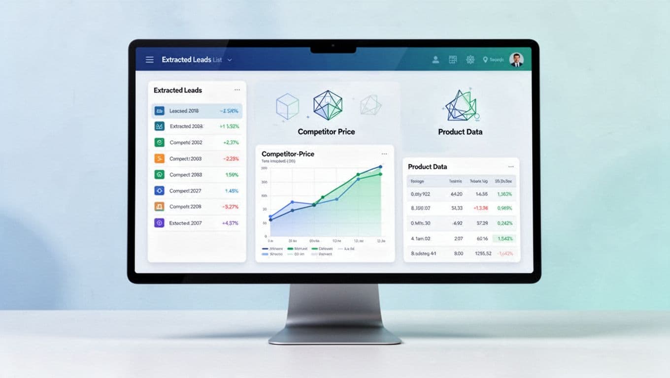 Monitor displays dashboard with leads list, competitor prices chart, and product data table using abstract icons in blue-green tones.