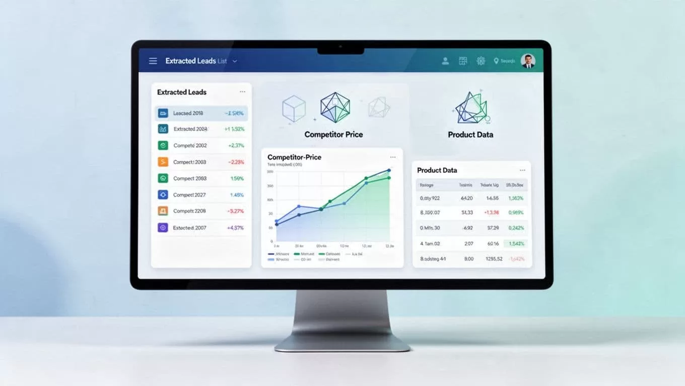 Monitor displays dashboard with leads list, competitor prices chart, and product data table using abstract icons in blue-green tones.