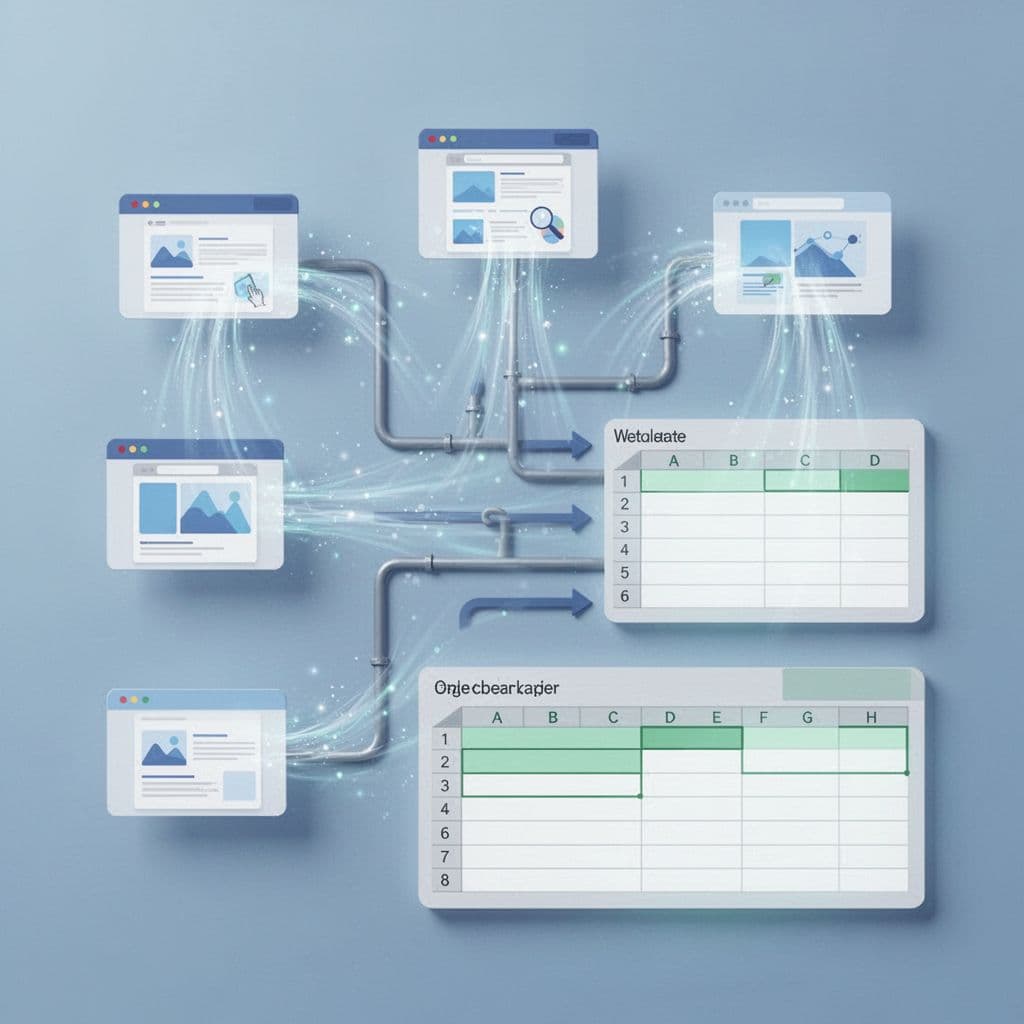 Website icons connect via pipeline arrows to a central spreadsheet dashboard in blue-green tones.
