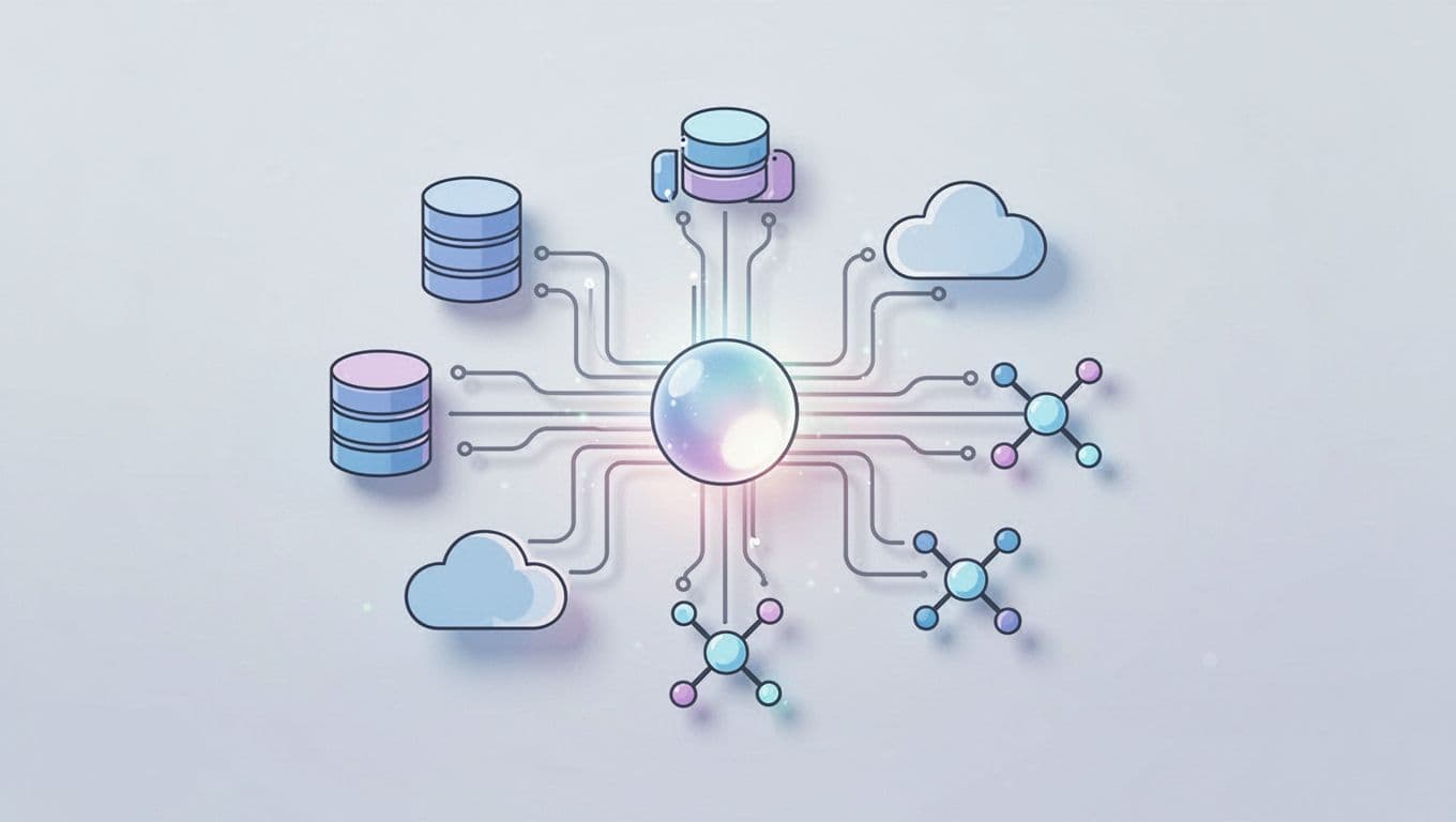 Multiple lines converge from various abstract data points into a single central hub.
