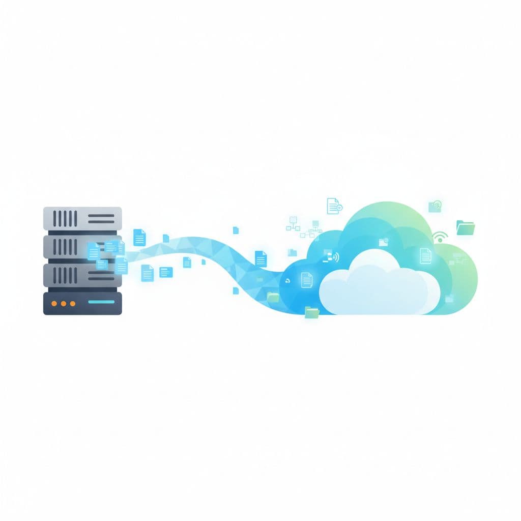 A modern graphic shows digital files transferring from a server icon into a cloud computing workspace.