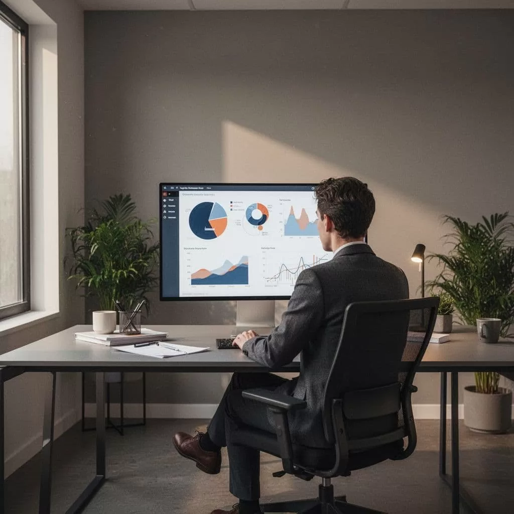 A professional works at a modern desk reviewing data charts on a computer screen.
