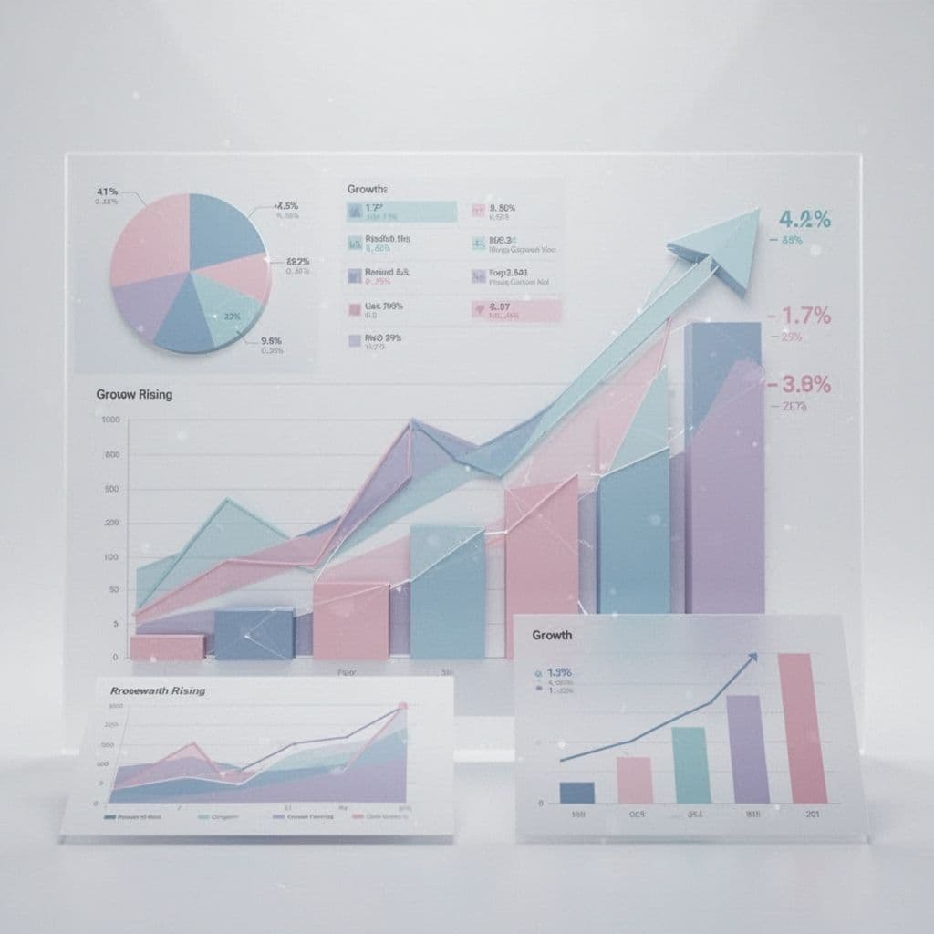 Vibrant geometric shapes representing data trends float against a crisp, clean background. These layered analytical graphs utilize subtle color-coding to visualize growth metrics and complex performance reporting insights for business.