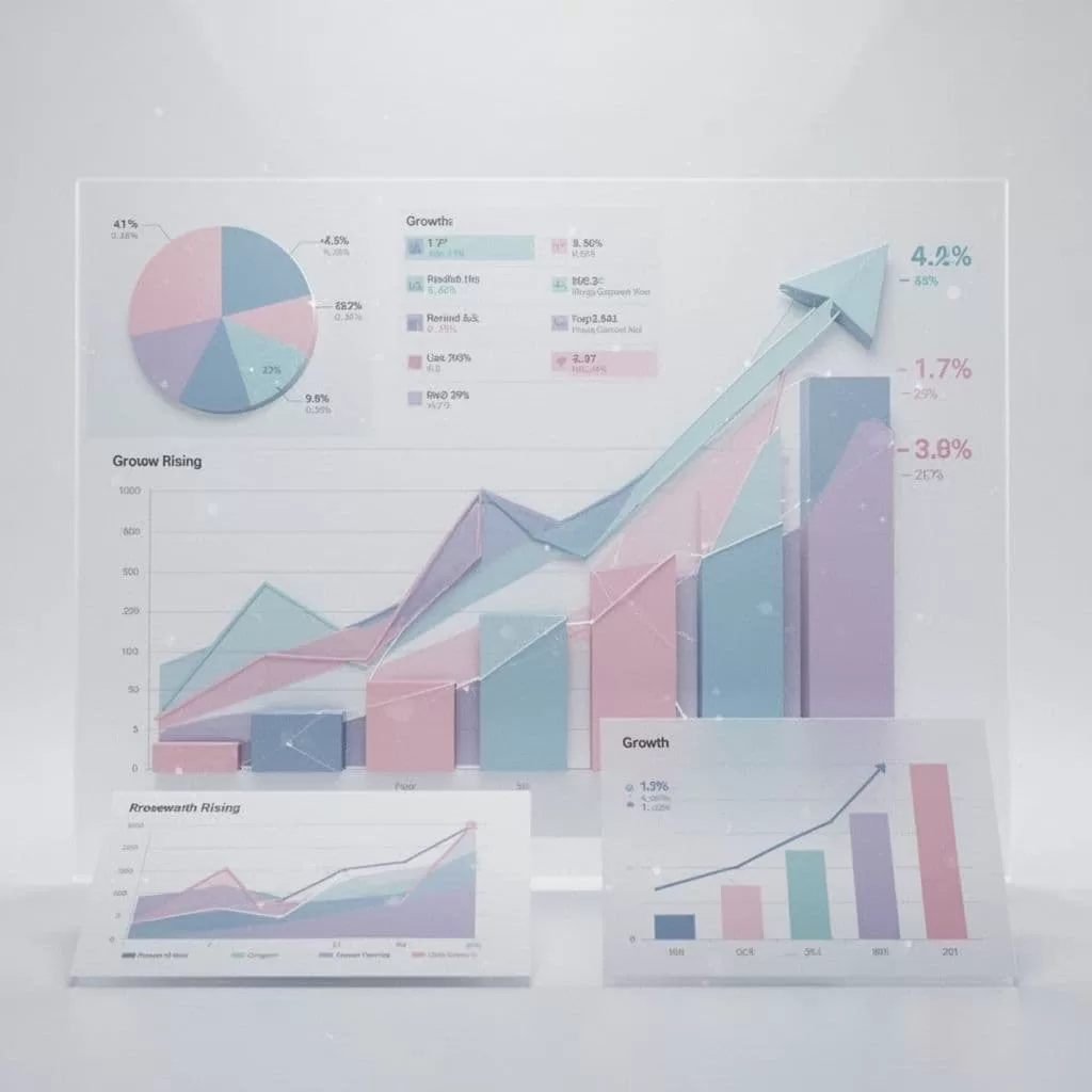 Vibrant geometric shapes representing data trends float against a crisp, clean background. These layered analytical graphs utilize subtle color-coding to visualize growth metrics and complex performance reporting insights for business.