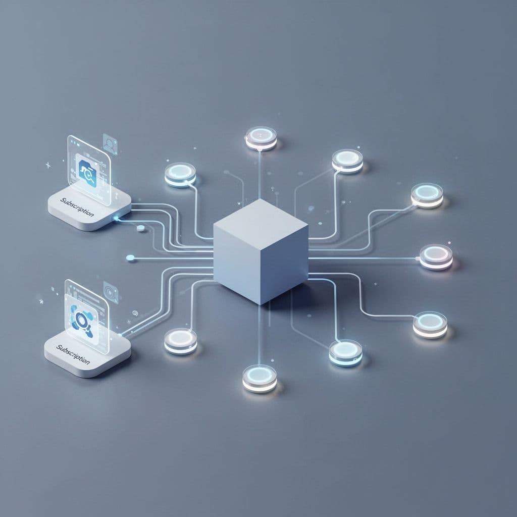 Digital nodes and lines connect a subscription interface to a centralized storage cube.