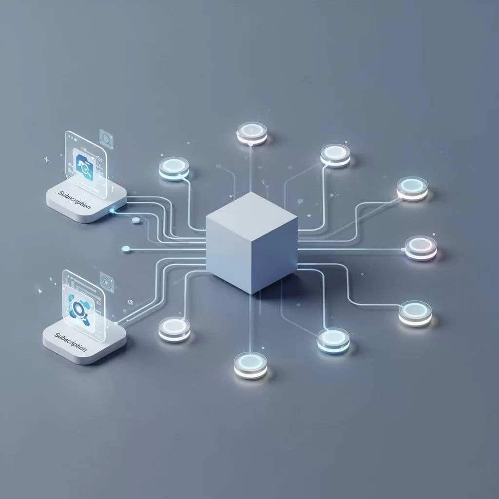 Digital nodes and lines connect a subscription interface to a centralized storage cube.
