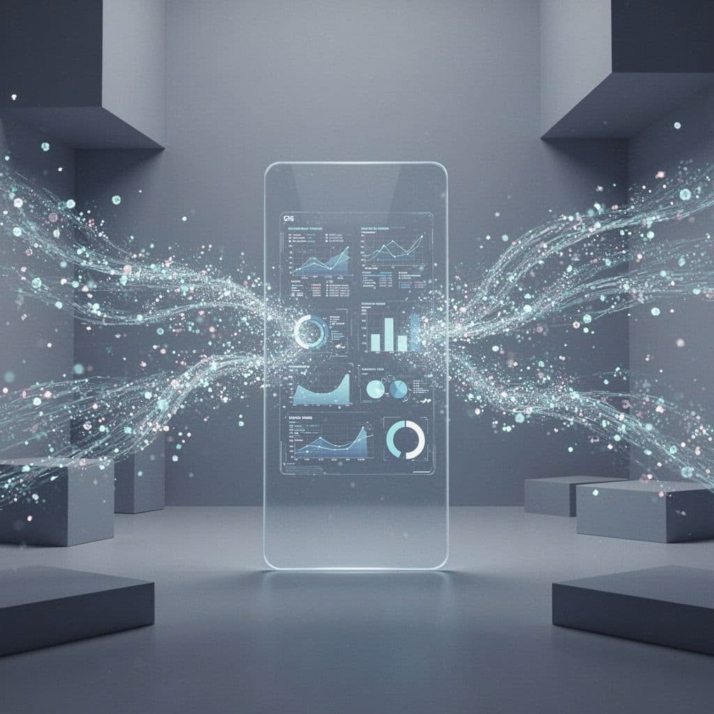 Multiple streams of data points converge into a single organized analytical interface with a clean aesthetic.