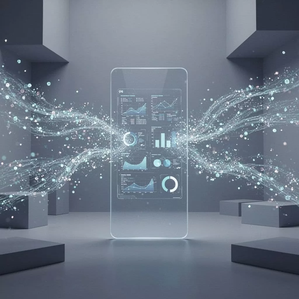 Multiple streams of data points converge into a single organized analytical interface with a clean aesthetic.