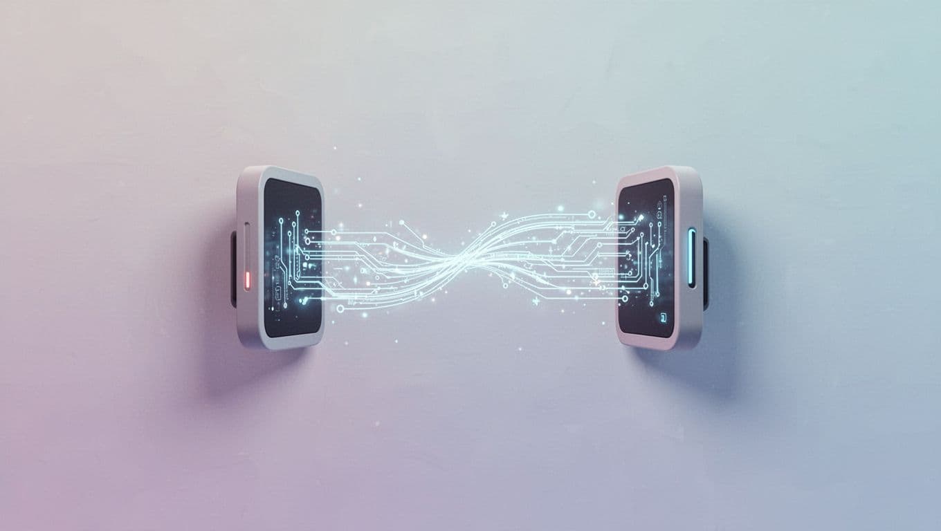 Abstract lines connect two circular icons to represent data flow between platforms.