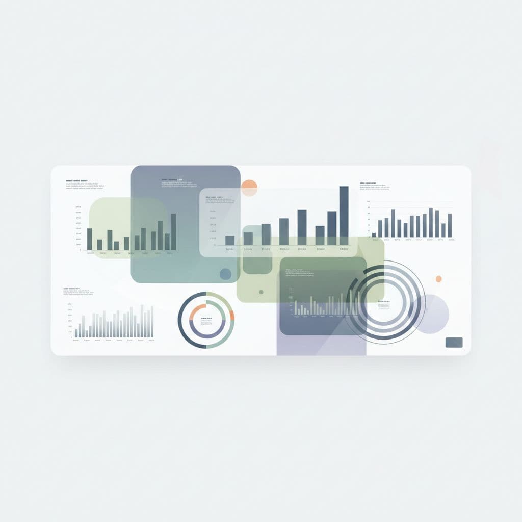 A minimalist interface displays various abstract bar charts and geometric ranking trends in a soft, professional color palette. The bright studio lighting highlights the clean structure of the performance monitoring metrics.