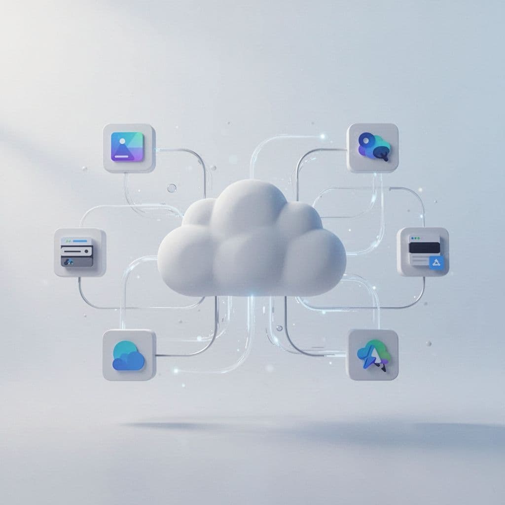 A central data warehouse icon links to various smaller application icons via clean, flowing connection lines.