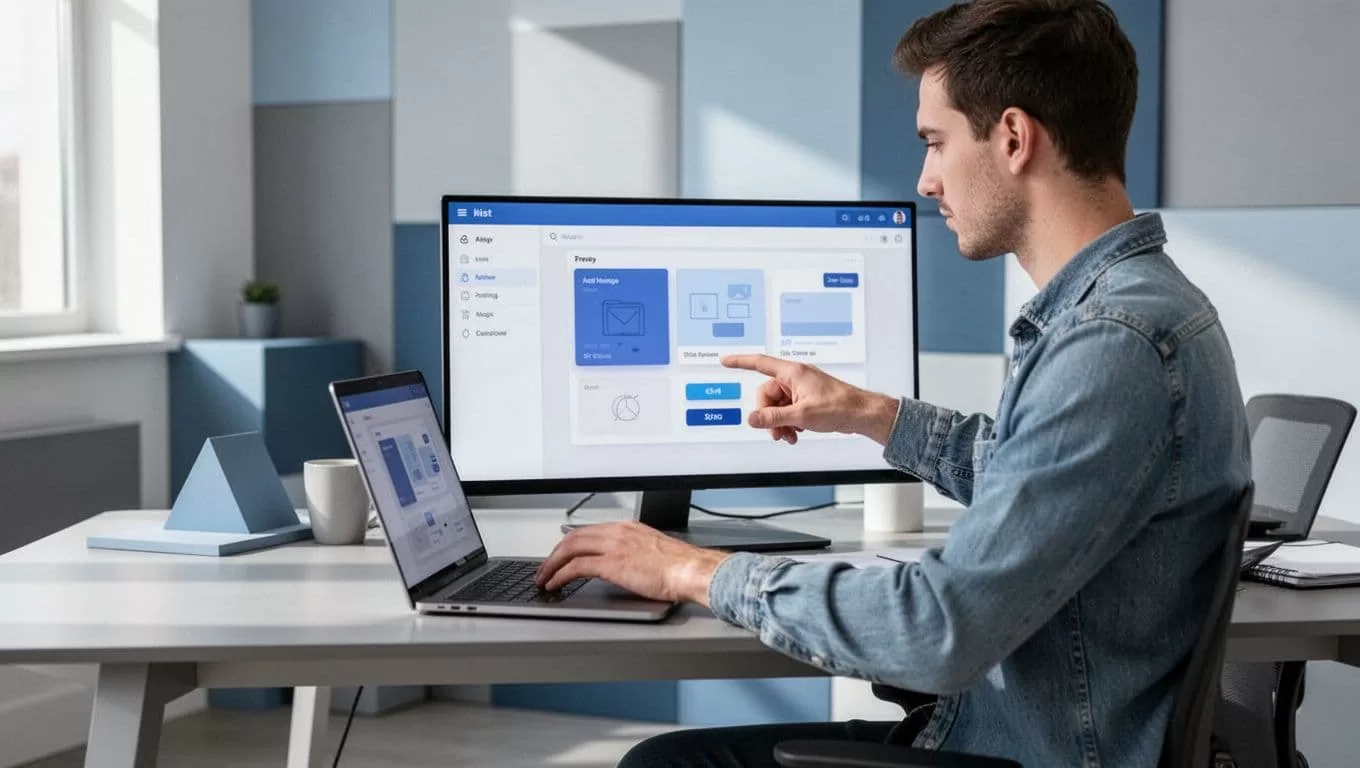 Designer at laptop in modern workspace with Duda SEO panel open, hand over paste button.