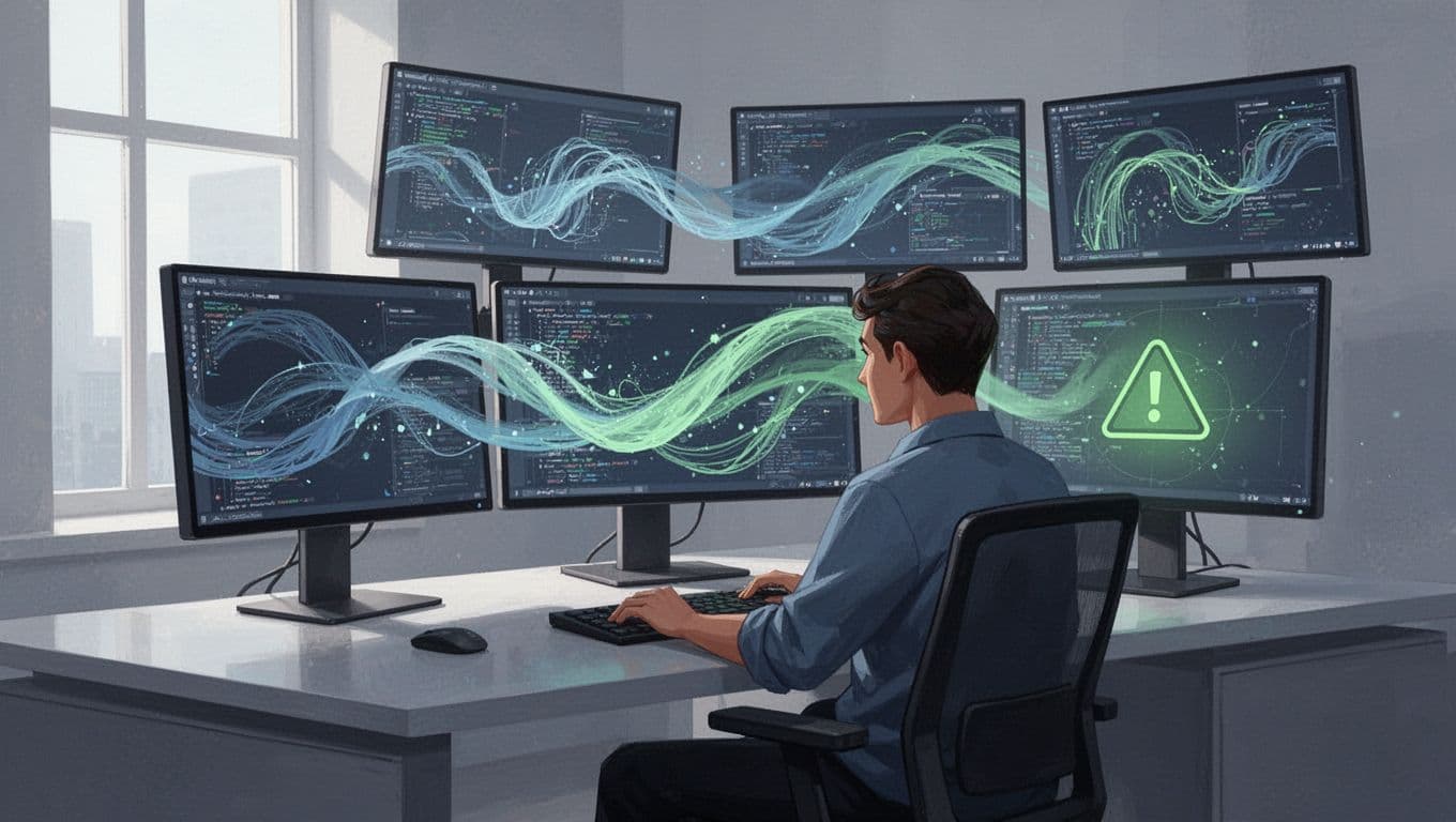 Developer at desk with screens showing API calls flowing through proxy, rate limit error fading.