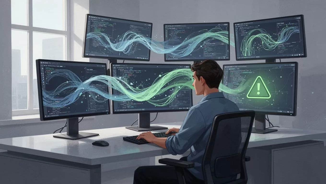 Developer at desk with screens showing API calls flowing through proxy, rate limit error fading.