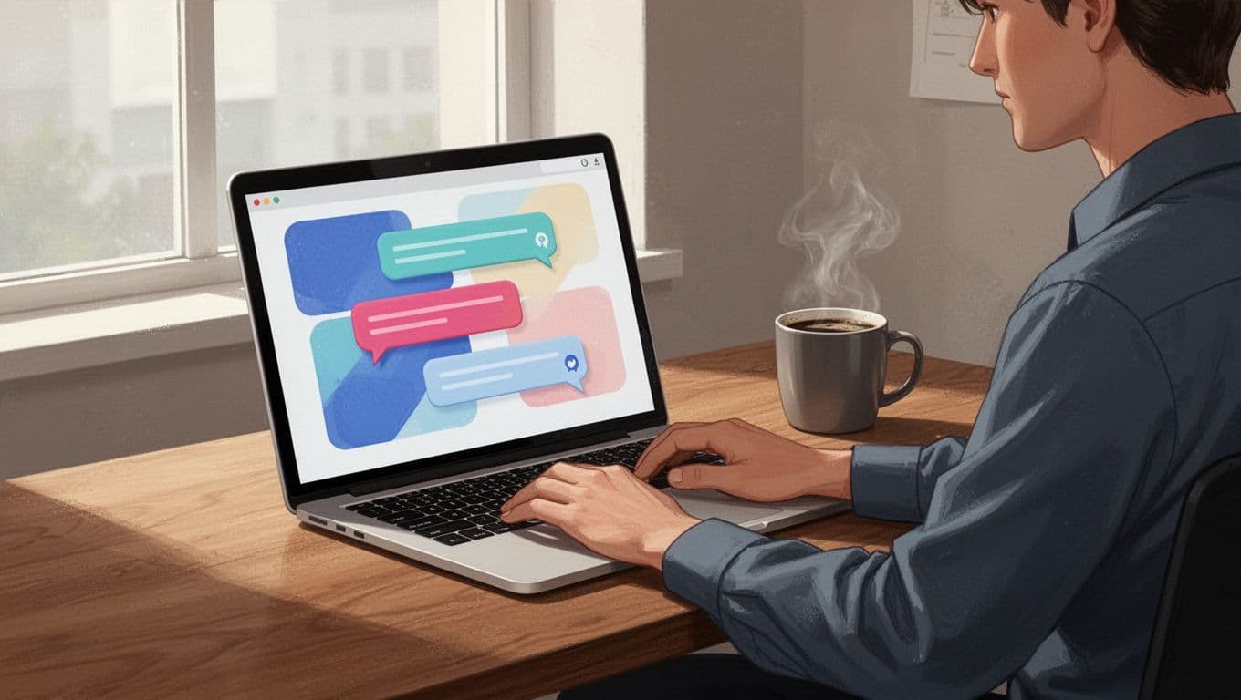 Developer at desk types on laptop showing Twin.so chat bubbles, coffee mug nearby in cozy office.
