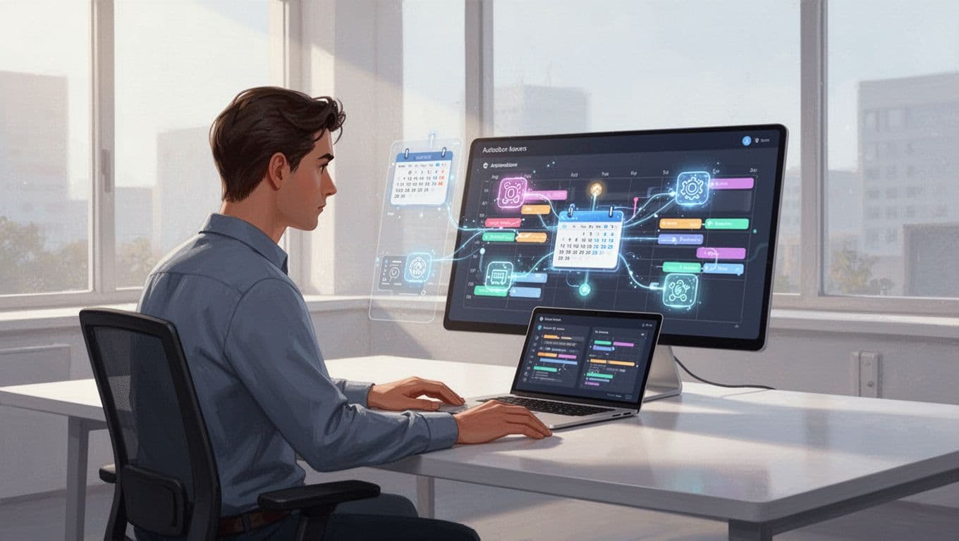 Solo developer at modern desk with laptop displaying connected Google Calendar and Twin.so icons via lines.
