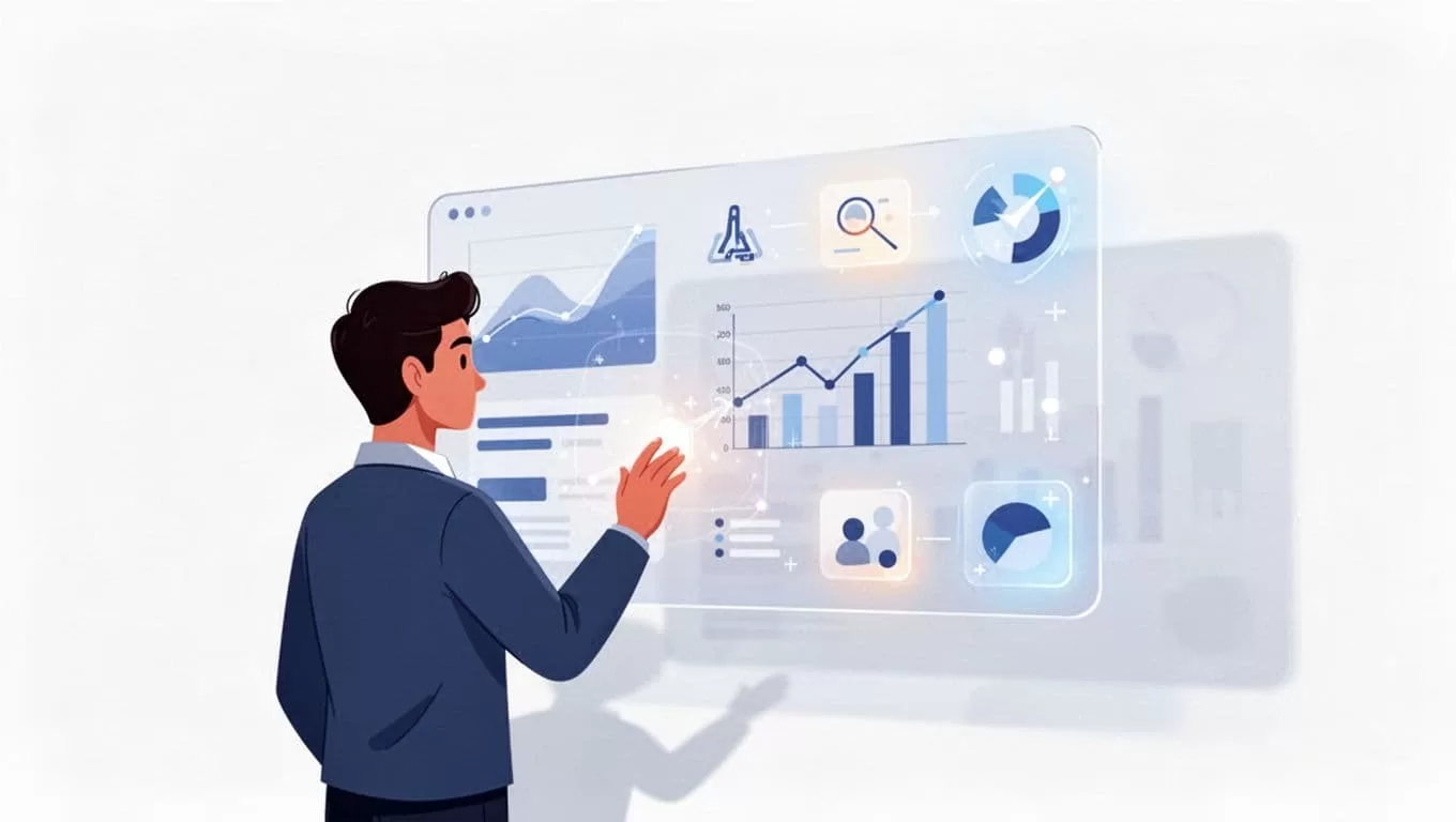 A flat vector illustration of a digital dashboard displaying abstract charts and glowing performance metrics.