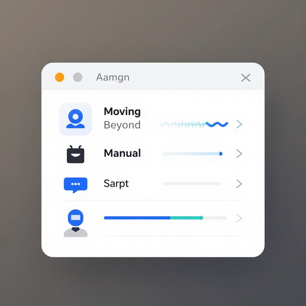 A stylized abstract figure operates within a web browser frame, utilizing clean geometric shapes and muted tones to convey task processing. The structured composition highlights fluid automated movements across a workspace.