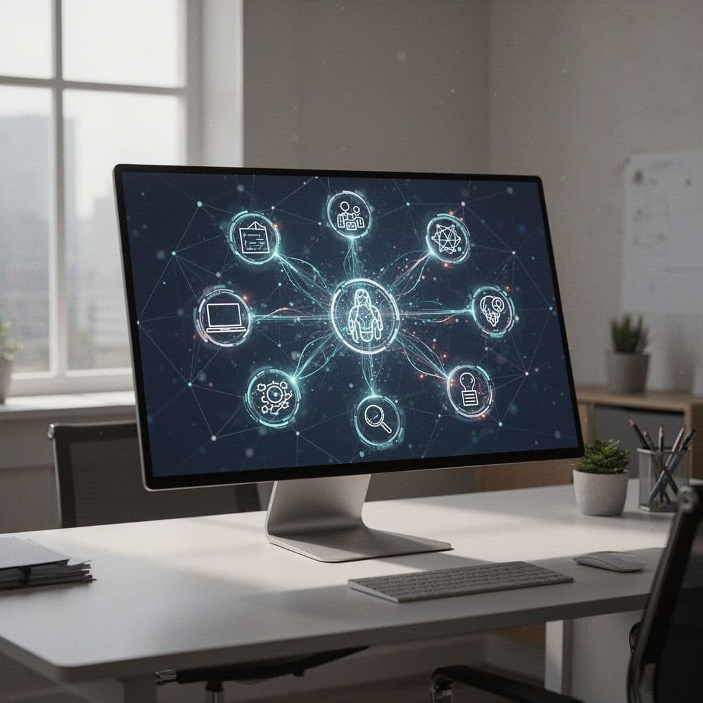 A digital interface screen displays connected business tools within a professional office environment.