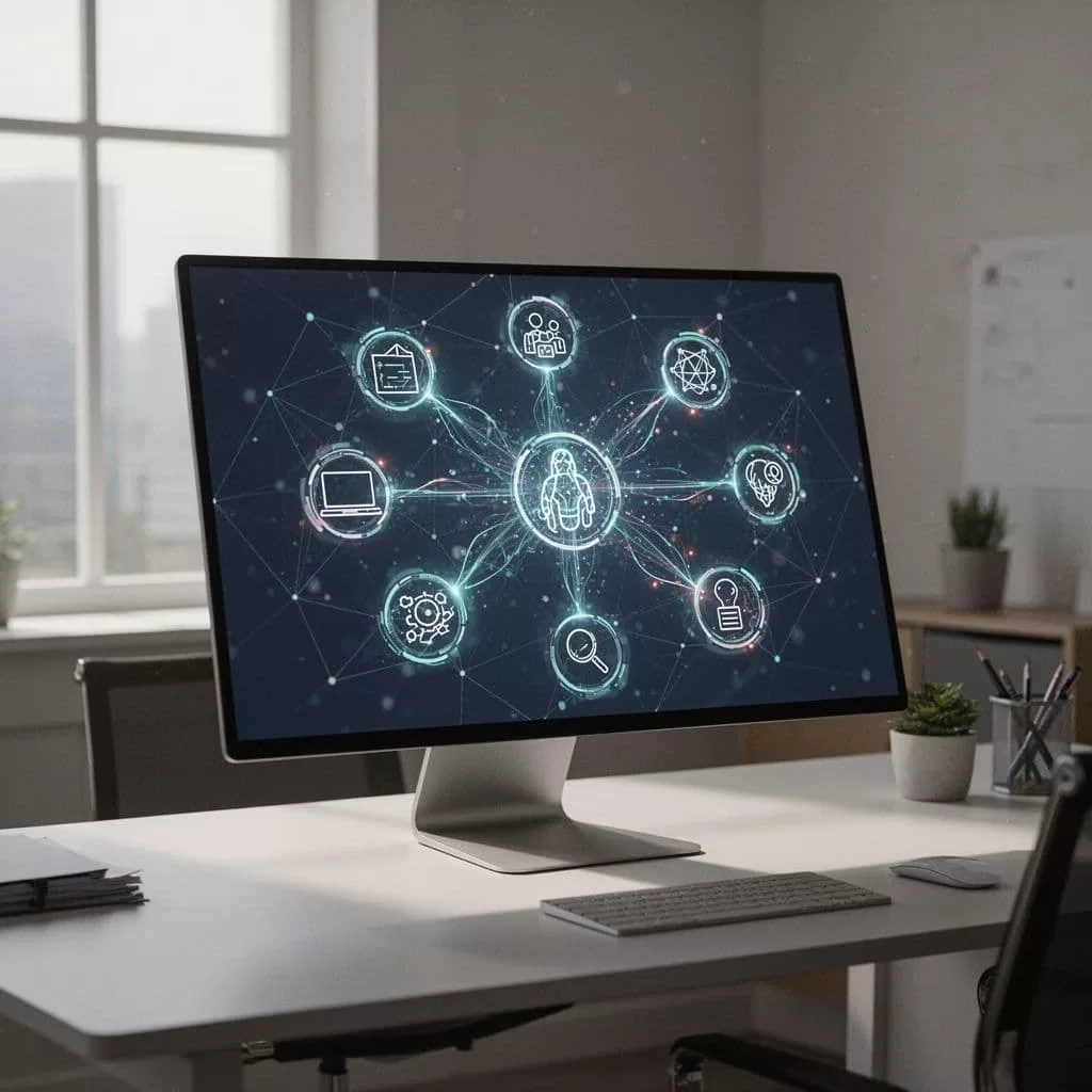 A digital interface screen displays connected business tools within a professional office environment.