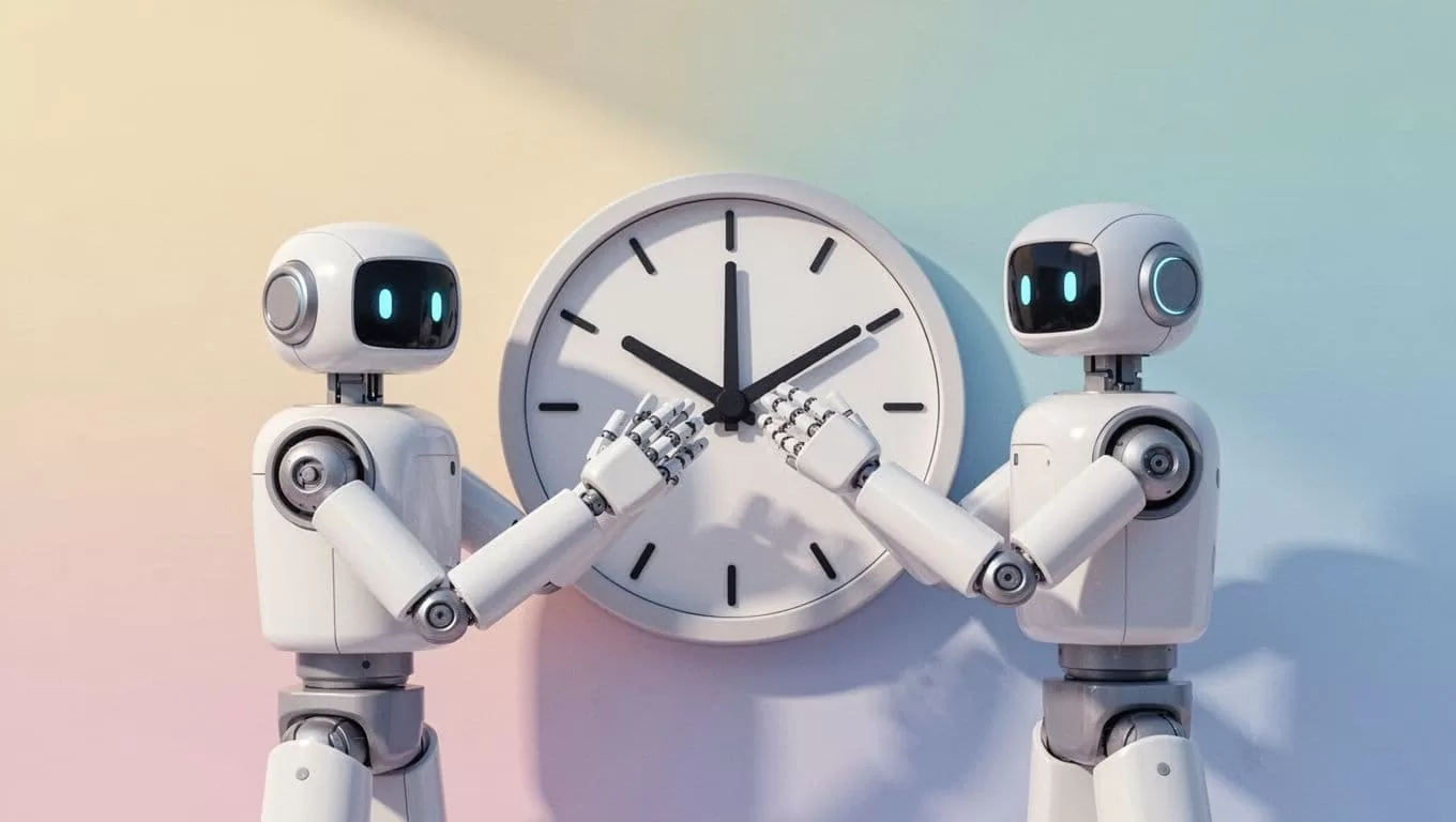 A stylized vector character navigates the face of a large clock to adjust the time. The scene uses soft pastel hues and clean lines to represent a structured, efficient workflow process.