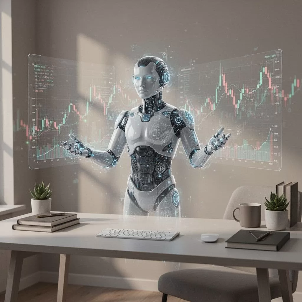 A minimal digital agent symbol works in a clean workspace with abstract financial charts in the background.