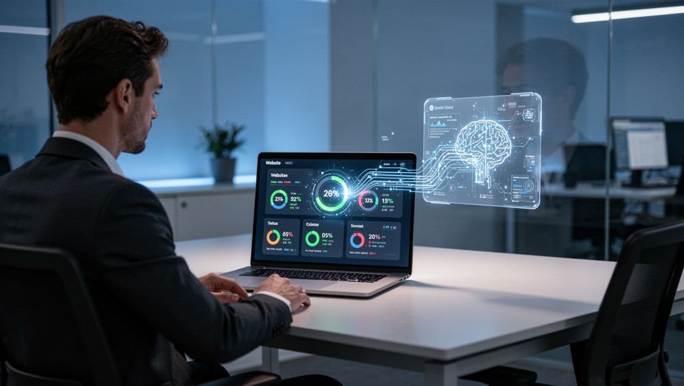 Laptop displays dashboard with digital agent monitoring websites in clean office, one person in background.