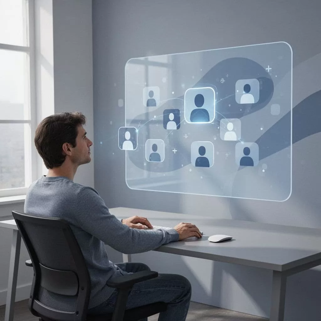 A person views a minimalist digital interface designed for researching potential podcast guests on web profiles.