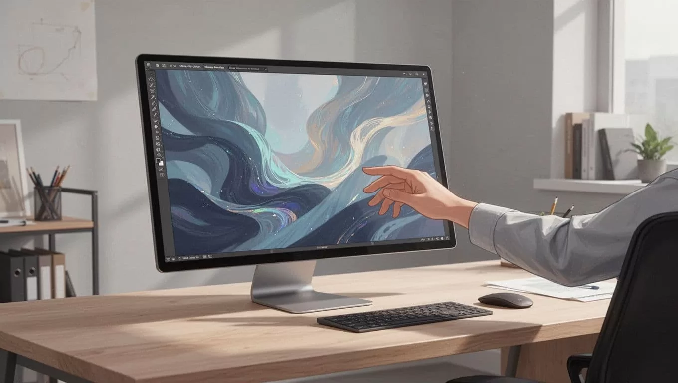 Illustration of a digital canvas on screen being reviewed in a modern design studio.