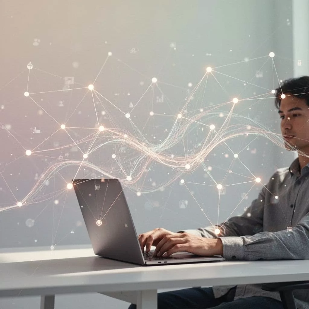 Geometric shapes and interconnected nodes represent data flowing between tasks on a clean, light-colored background. A person works on a laptop in the distance, serving as a subtle human anchor.