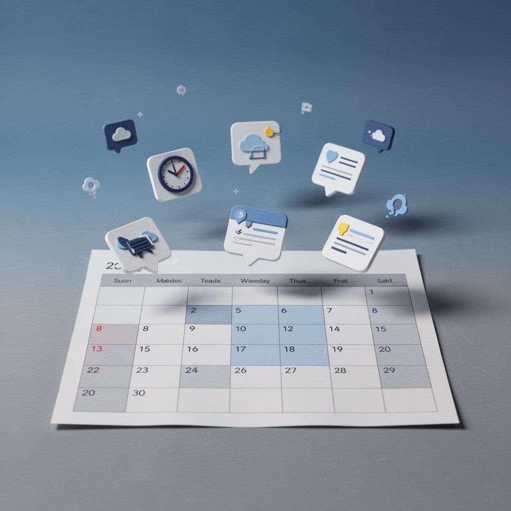 A minimalist calendar interface displays floating notification icons against a soft blue and gray background.