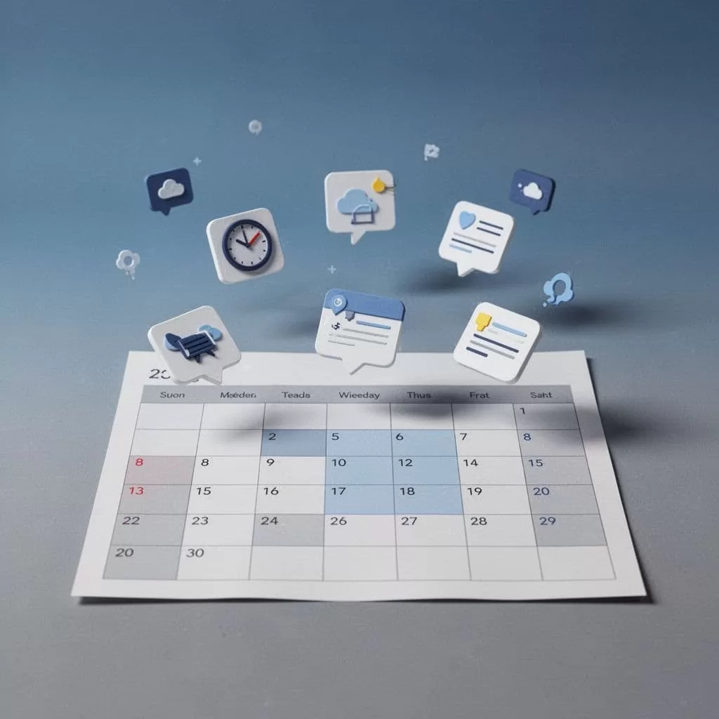 A minimalist calendar interface displays floating notification icons against a soft blue and gray background.