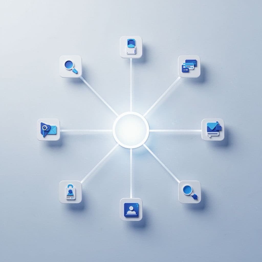 A central glowing circular hub radiates fine white lines toward several smaller abstract geometric icons. The composition features a serene blue and white palette with clean shapes on a minimalist background.
