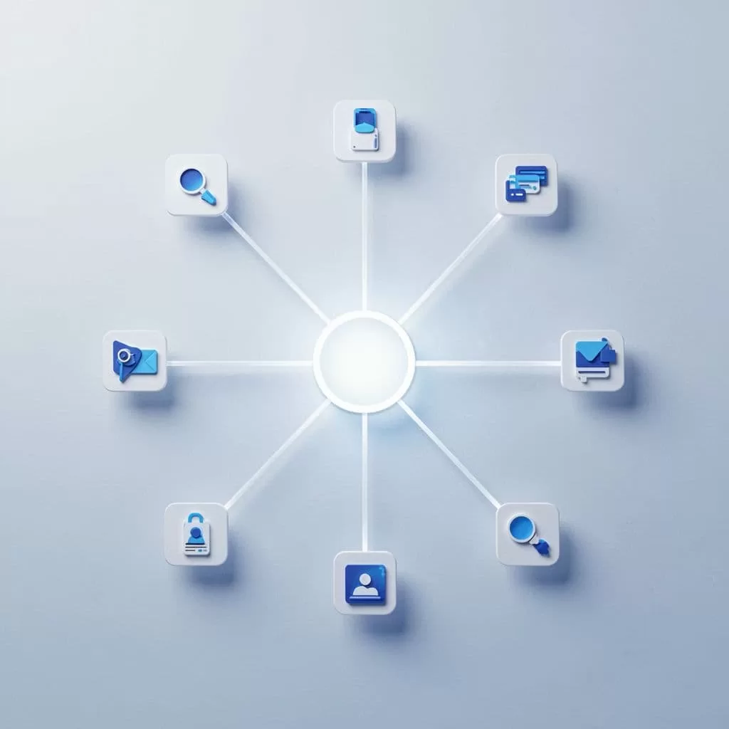 A central glowing circular hub radiates fine white lines toward several smaller abstract geometric icons. The composition features a serene blue and white palette with clean shapes on a minimalist background.