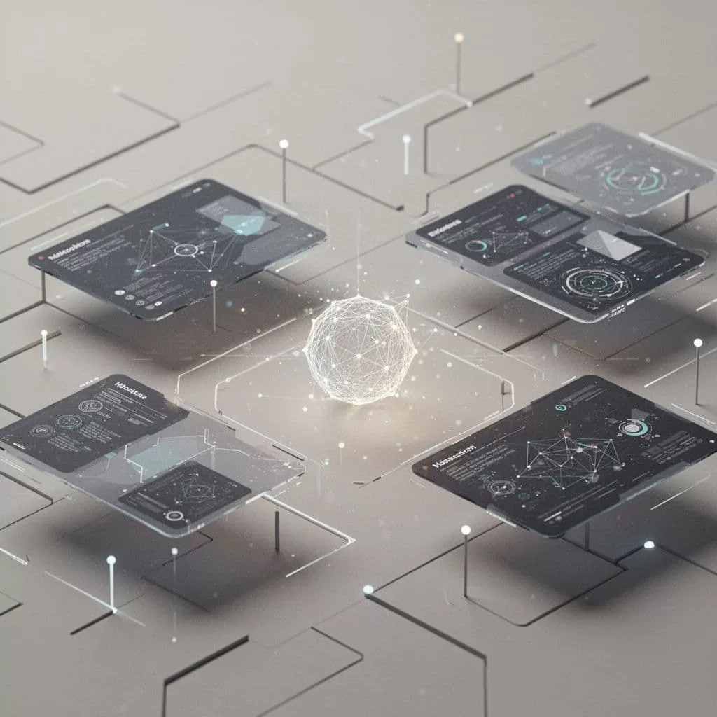 A glowing node represents a digital agent navigating a complex website interface with abstract UI elements.