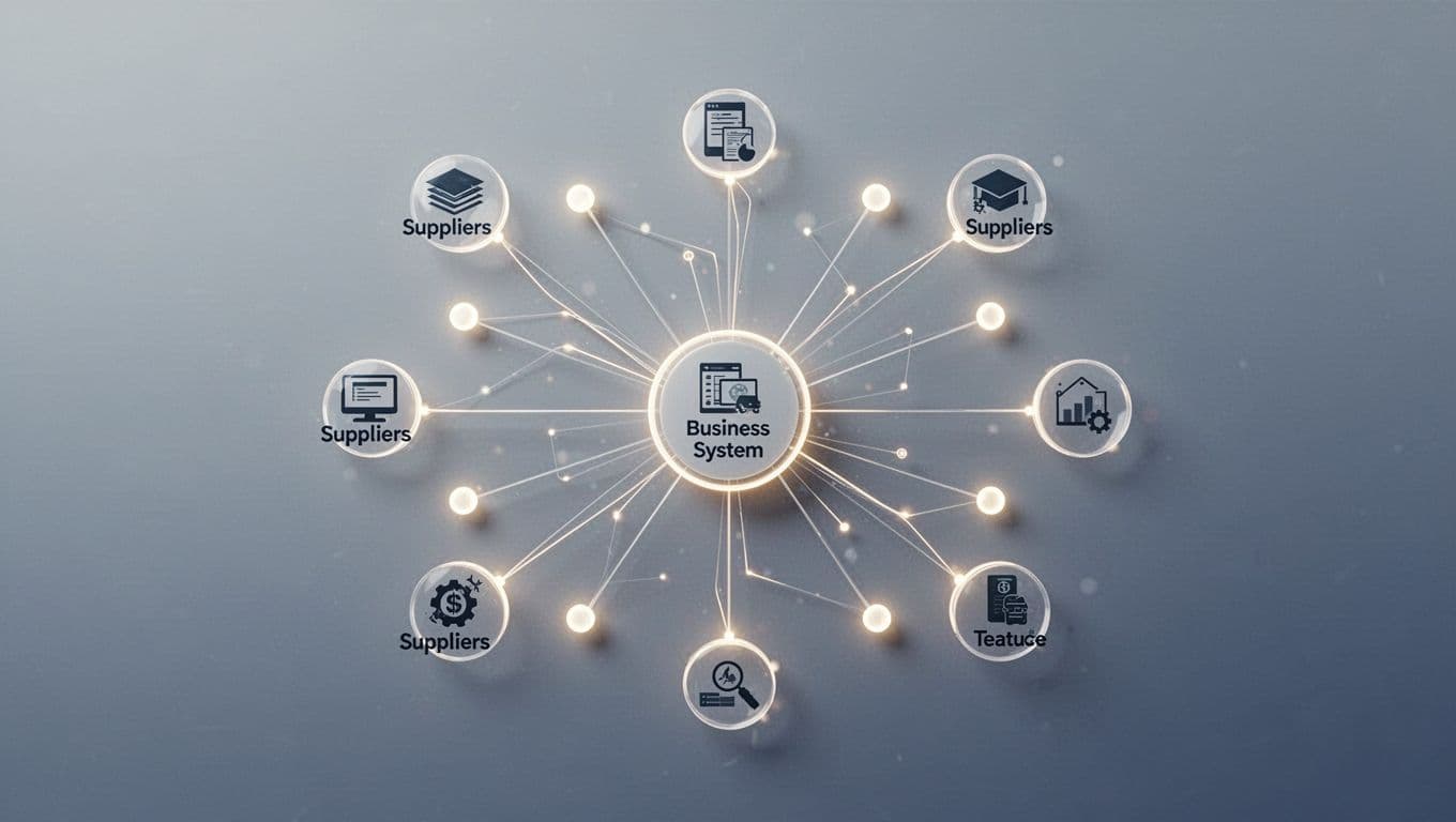A central hub connected by lines to surrounding digital nodes representing an integrated supply chain network.