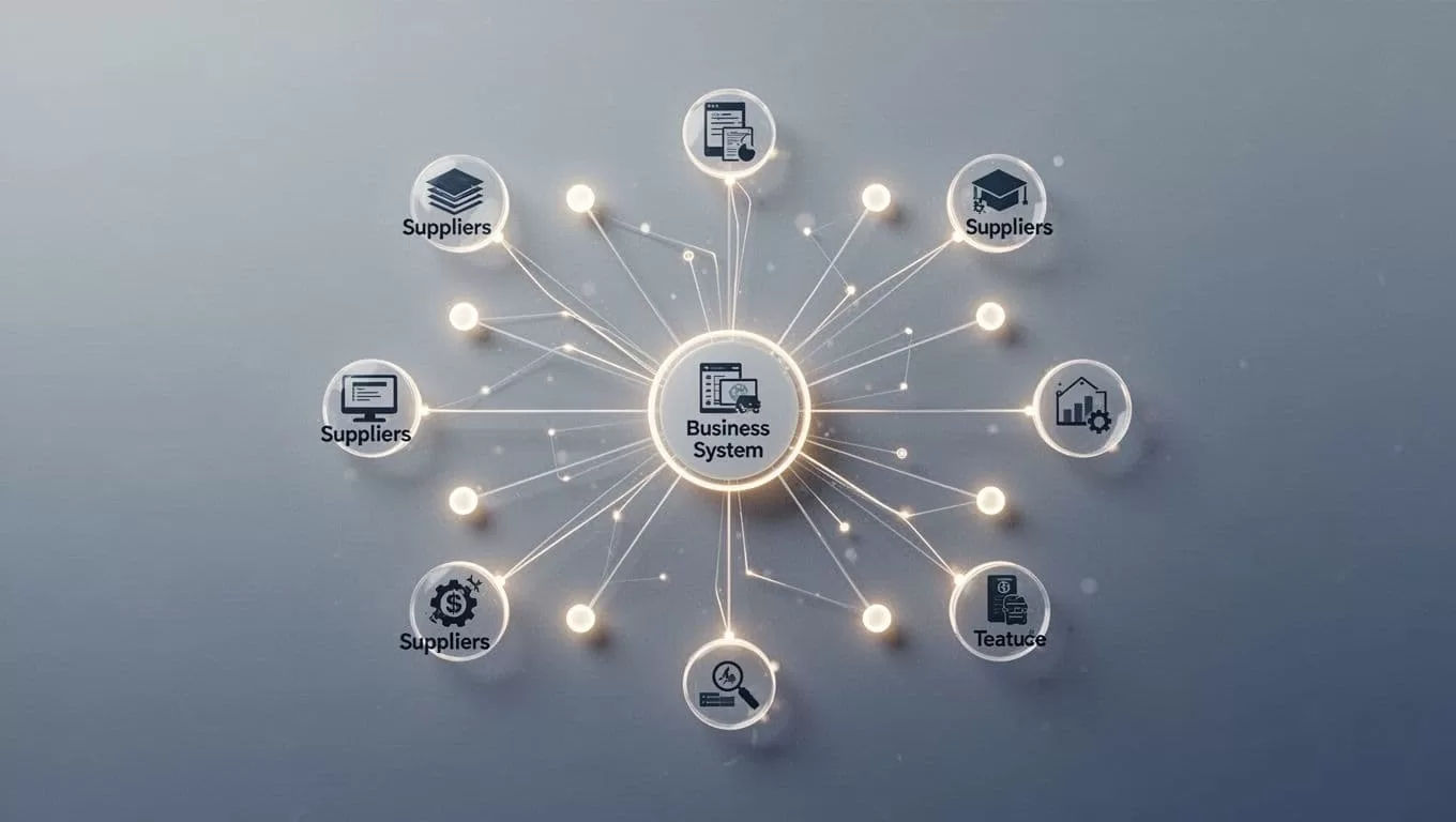 A central hub connected by lines to surrounding digital nodes representing an integrated supply chain network.