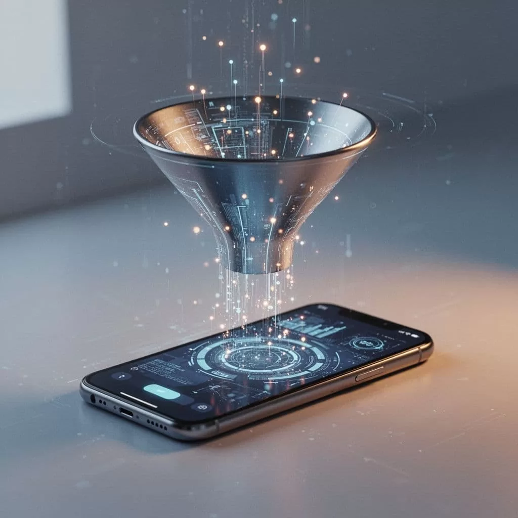 A minimalist smartphone emits glowing data points that travel upward into a sleek blue funnel. The graphic uses a clean aesthetic with soft orange accents against a simple, professional light background.