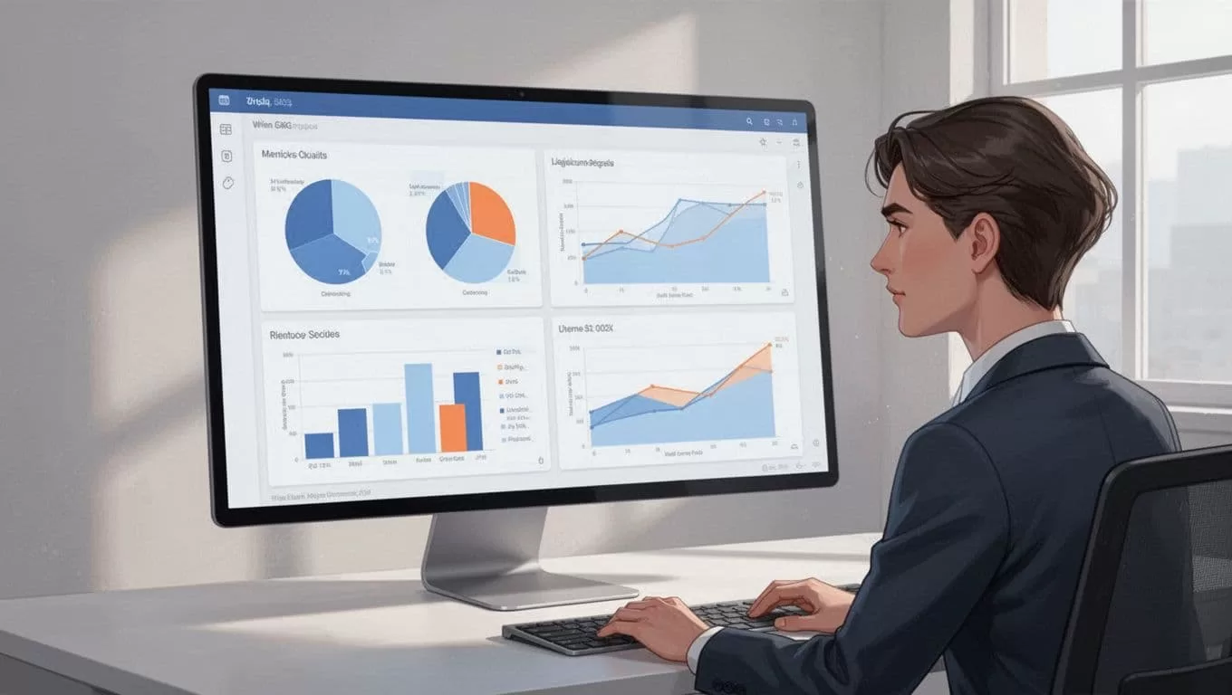 A focused individual examines intricate data visualizations and vibrant geometric charts displayed on a sleek digital interface. The composition uses soft blue and orange tones to emphasize a professional workflow.