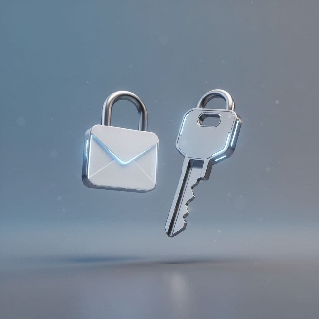 A minimalist illustration featuring a geometric lock and key in shades of blue and gray.