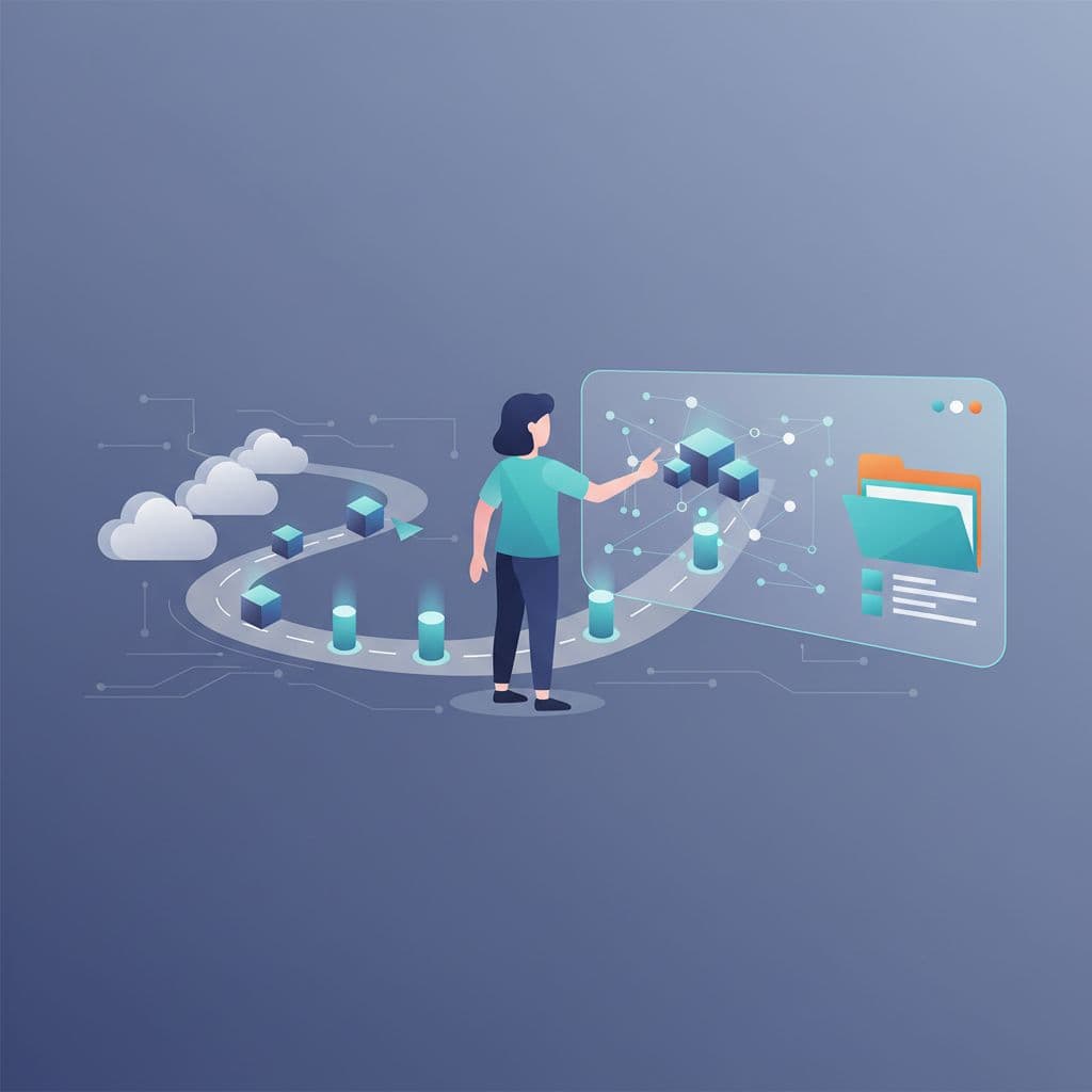 Abstract shapes and clean graphical icons represent folders moving between two digital systems. A professional color palette emphasizes the efficiency of transferring sensitive data within a modern, minimalist computing environment.