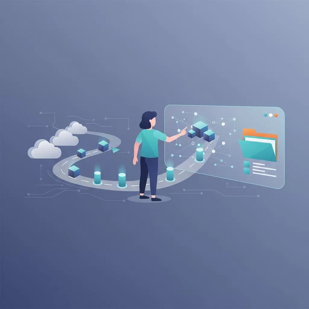 Abstract shapes and clean graphical icons represent folders moving between two digital systems. A professional color palette emphasizes the efficiency of transferring sensitive data within a modern, minimalist computing environment.