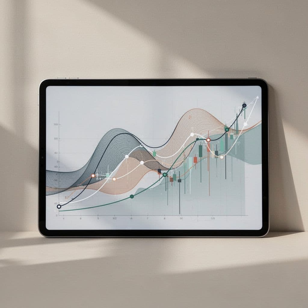 A tablet screen displays abstract growth charts and financial trends using simple, clean geometric shapes.