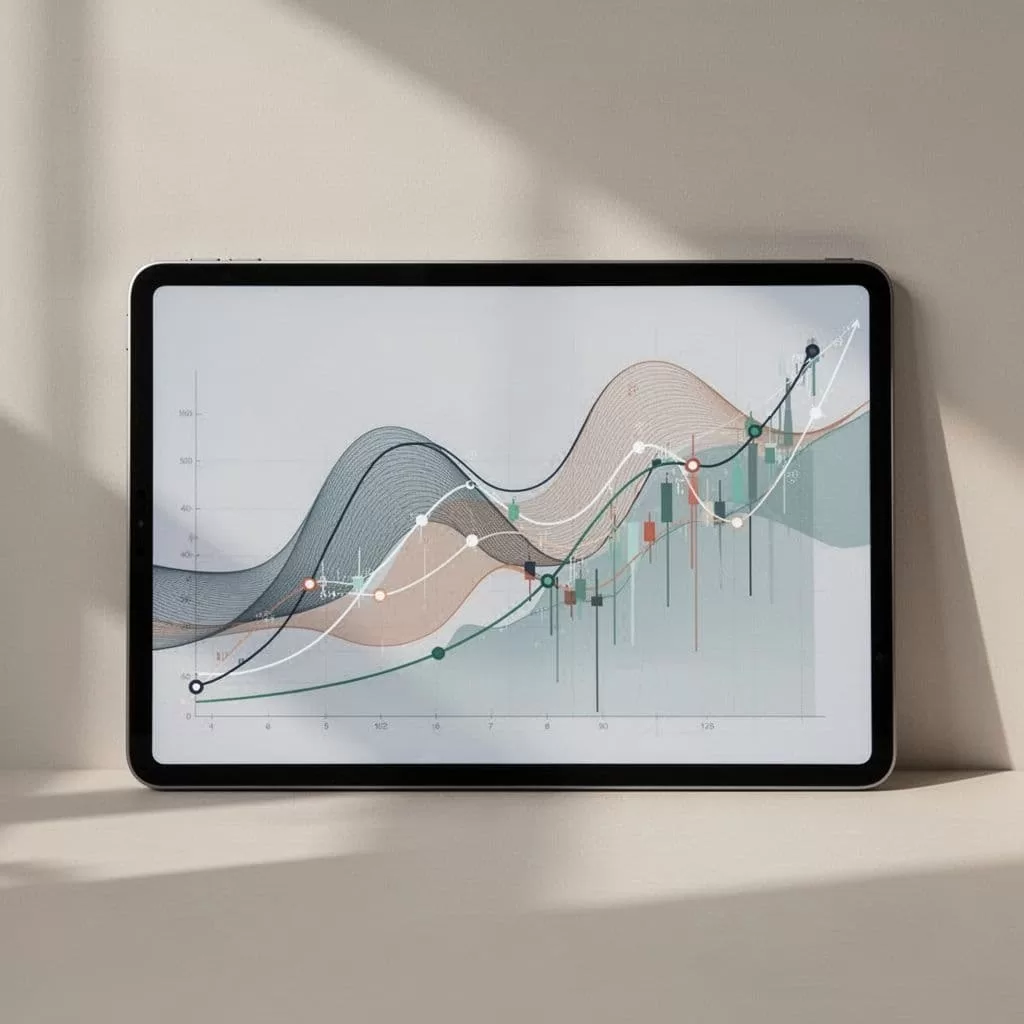 A tablet screen displays abstract growth charts and financial trends using simple, clean geometric shapes.